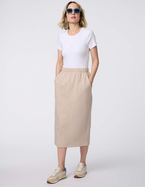 Women's Soft Sculpt Midi Skirt, a structured yet stretchy knit ponti midi skirt with an elastic waistband and side pockets.