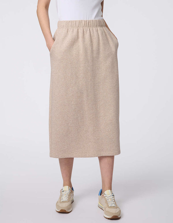 Women's Soft Sculpt Midi Skirt, a structured yet stretchy knit ponti midi skirt with an elastic waistband and side pockets.