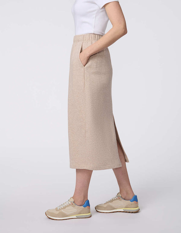 Women's Soft Sculpt Midi Skirt, a structured yet stretchy knit ponti midi skirt with an elastic waistband and side pockets.