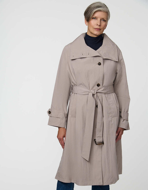 Arden Trench Coat with funnel collar and asymmetrical front in a soft cotton blend.