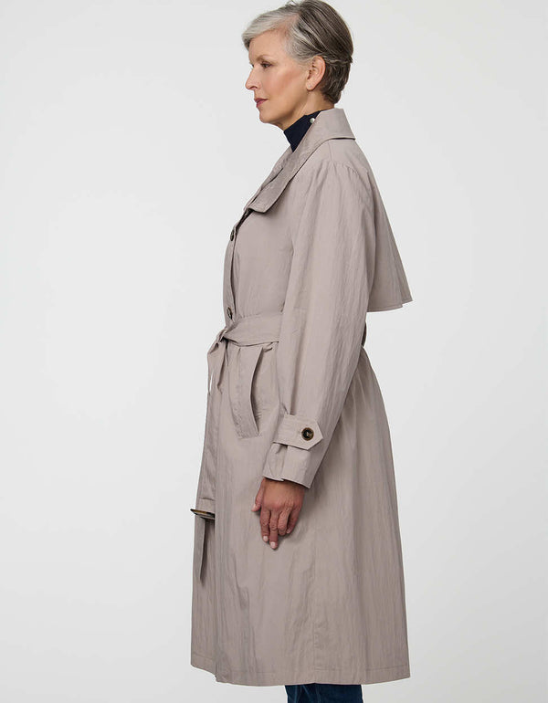 Arden Trench Coat with funnel collar and asymmetrical front in a soft cotton blend.