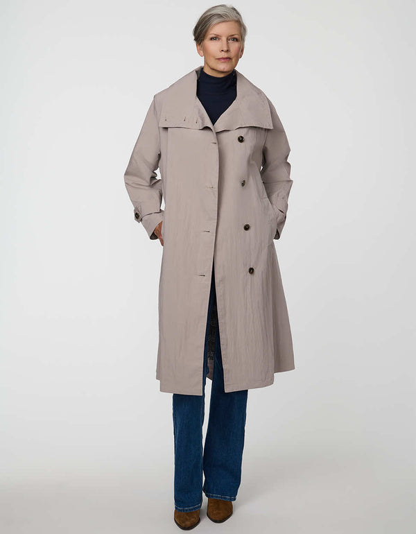 Arden Trench Coat with funnel collar and asymmetrical front in a soft cotton blend.