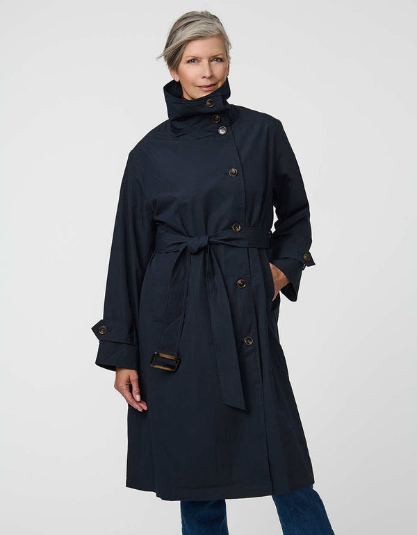 Arden Trench Coat with funnel collar and asymmetrical front in a soft cotton blend.