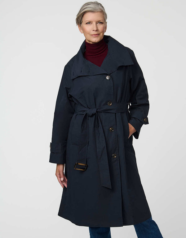 Arden Trench Coat with funnel collar and asymmetrical front in a soft cotton blend.