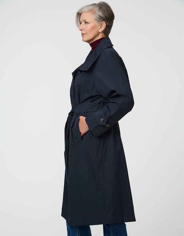 Arden Trench Coat with funnel collar and asymmetrical front in a soft cotton blend.