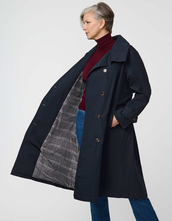 Arden Trench Coat with funnel collar and asymmetrical front in a soft cotton blend.