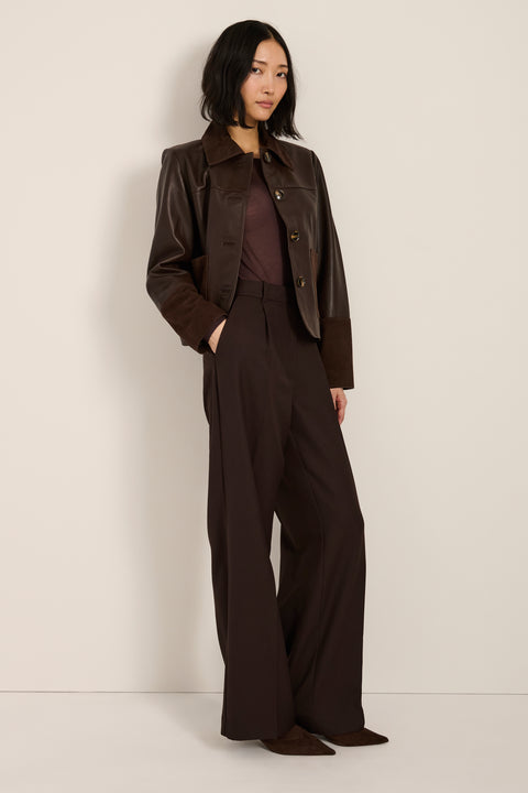 Women's suede and leather barn jacket with utility pockets and stand collar in camel brown