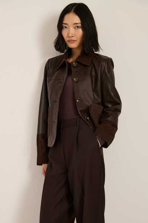 Women's suede and leather barn jacket with utility pockets and stand collar in camel brown