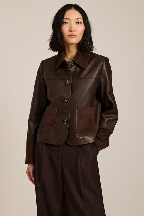 Women's suede and leather barn jacket with utility pockets and stand collar in camel brown