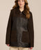 Women's mixed media genuine leather and suede jacket with two-way zip-front closure and patch pockets