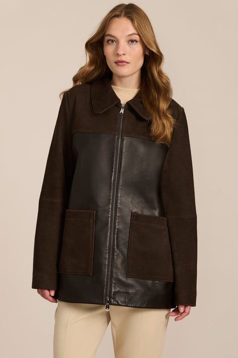 Women's mixed media genuine leather and suede jacket with two-way zip-front closure and patch pockets