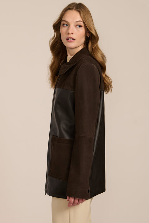 Women's mixed media genuine leather and suede jacket with two-way zip-front closure and patch pockets