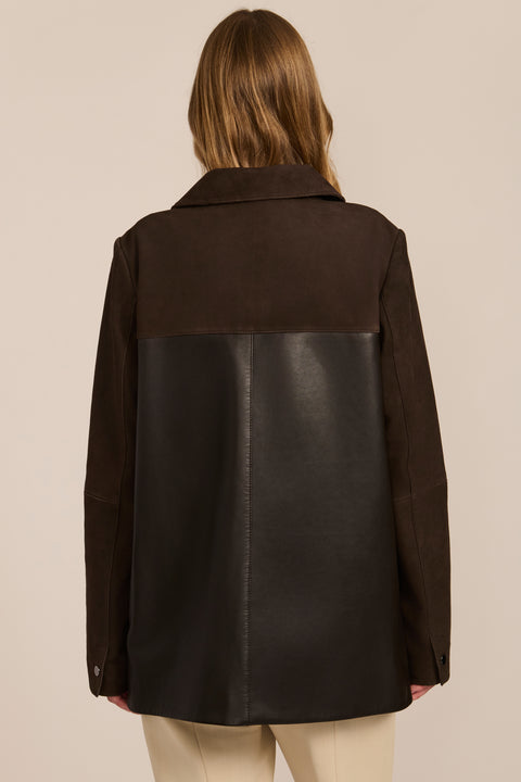 Women's mixed media genuine leather and suede jacket with two-way zip-front closure and patch pockets