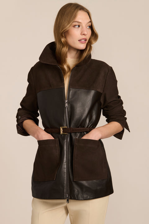 Women's mixed media genuine leather and suede jacket with two-way zip-front closure and patch pockets