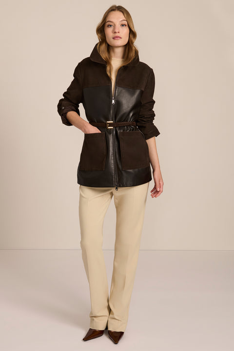 Women's mixed media genuine leather and suede jacket with two-way zip-front closure and patch pockets