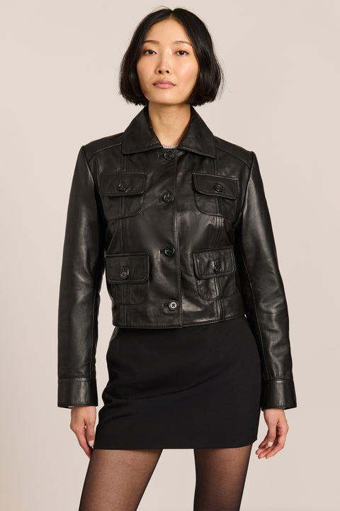 Women's genuine leather utility jacket with button-front closure and four flap pockets