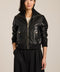 Women's genuine leather bomber jacket with rib-knit trim and utility pockets in black