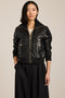 Women's genuine leather bomber jacket with rib-knit trim and utility pockets in black