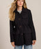 Women's genuine suede safari jacket with adjustable drawcord waist and four patch pockets.