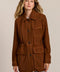 Women's genuine suede safari jacket with adjustable drawcord waist and four patch pockets.