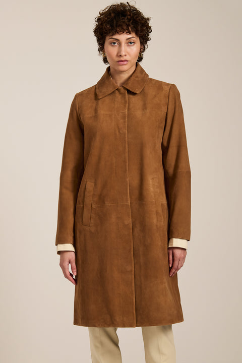 Women's genuine suede car coat with concealed button front and classic point collar.