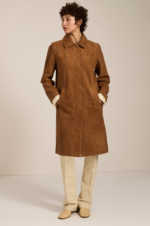 Women's genuine suede car coat with concealed button front and classic point collar.