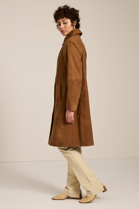 Women's genuine suede car coat with concealed button front and classic point collar.