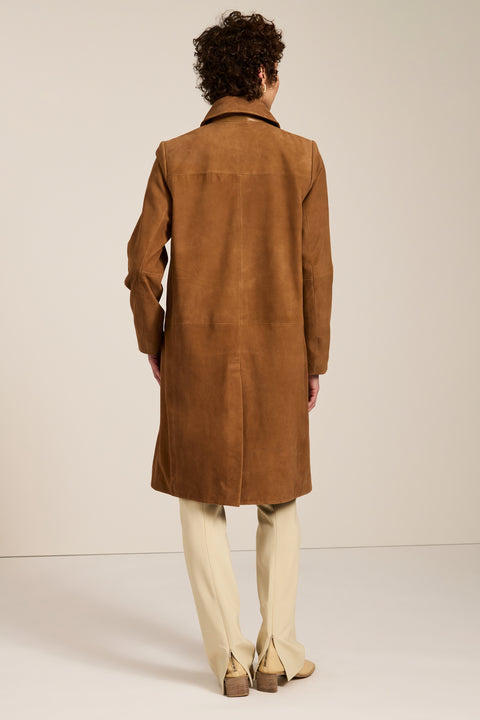 Women's genuine suede car coat with concealed button front and classic point collar.