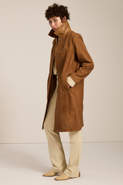 Women's genuine suede car coat with concealed button front and classic point collar.