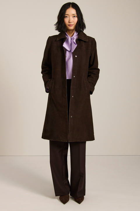 Women's genuine suede car coat with concealed button front and classic point collar.