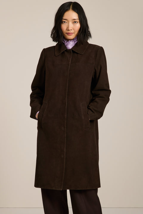 Women's genuine suede car coat with concealed button front and classic point collar.
