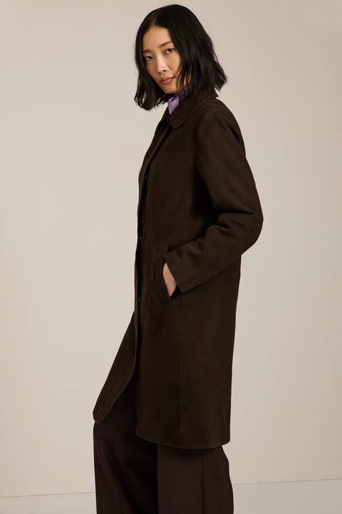 Women's genuine suede car coat with concealed button front and classic point collar.