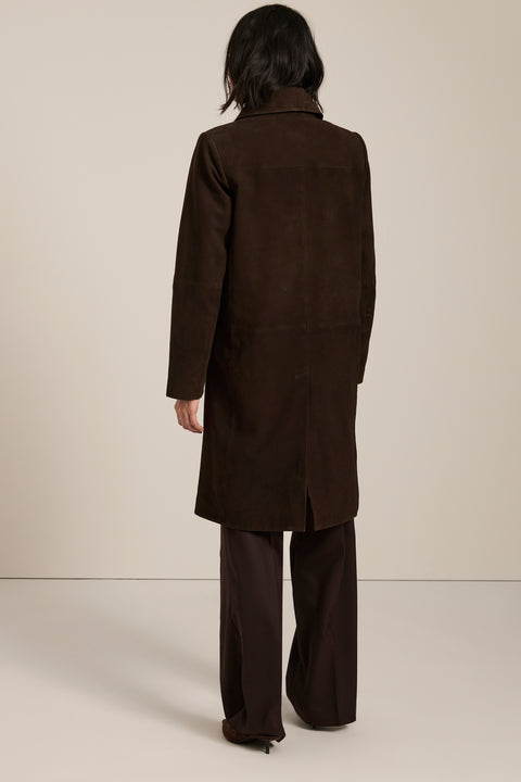 Women's genuine suede car coat with concealed button front and classic point collar.