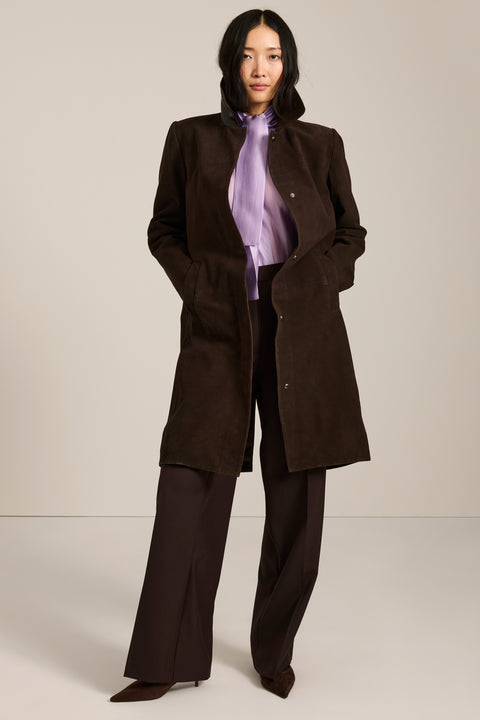 Women's genuine suede car coat with concealed button front and classic point collar.