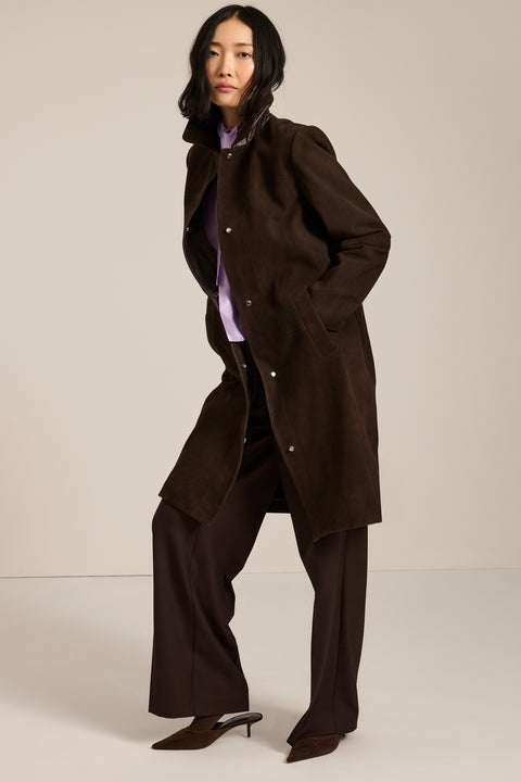 Women's genuine suede car coat with concealed button front and classic point collar.