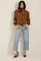Women's genuine suede utility jacket with oversized flap pockets and stand collar in camel brown