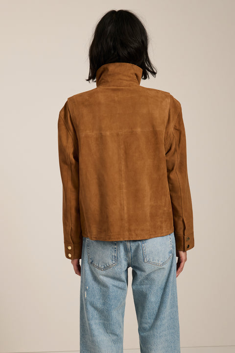 Women's genuine suede utility jacket with oversized flap pockets and stand collar in camel brown