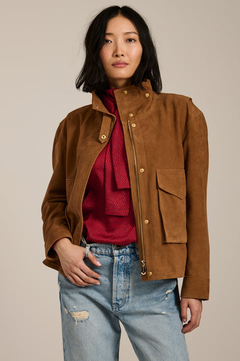 Women's genuine suede utility jacket with oversized flap pockets and stand collar in camel brown