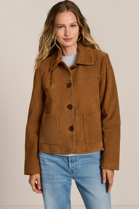 Women's genuine suede jacket with button-front closure and front patch pockets