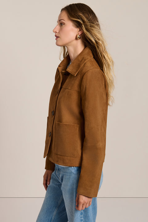Women's genuine suede jacket with button-front closure and front patch pockets