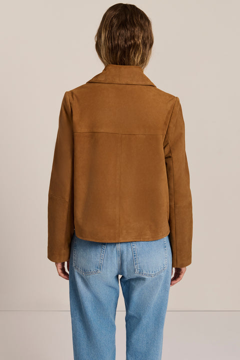 Women's genuine suede jacket with button-front closure and front patch pockets