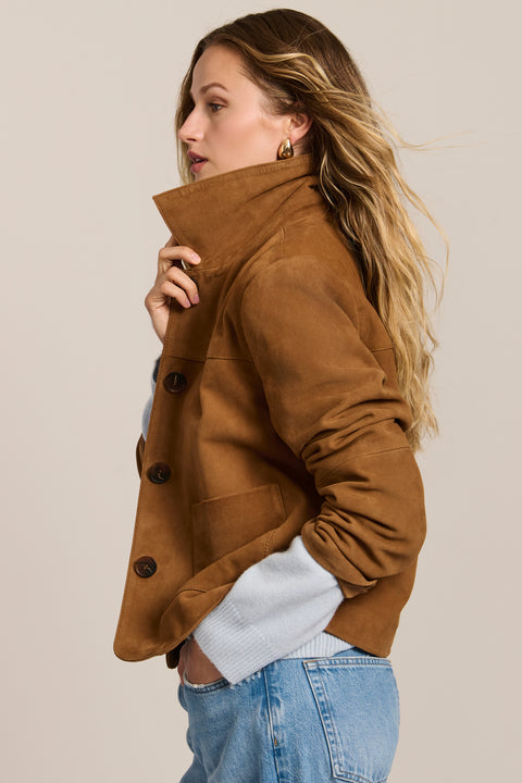 Women's genuine suede jacket with button-front closure and front patch pockets