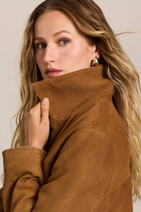 Women's genuine suede jacket with button-front closure and front patch pockets