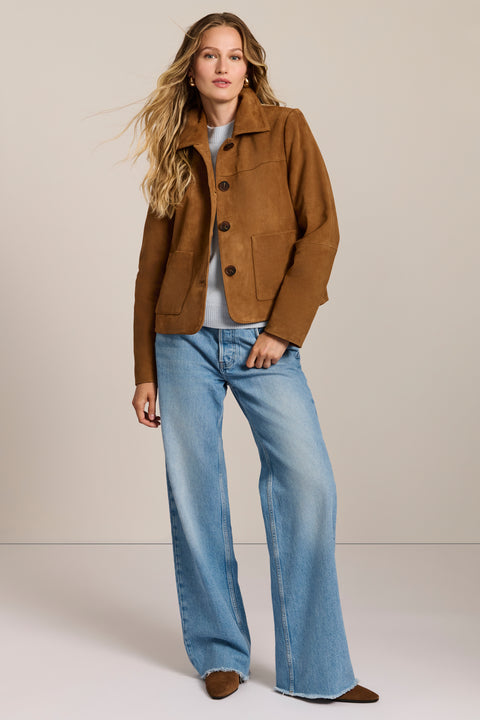 Women's genuine suede jacket with button-front closure and front patch pockets