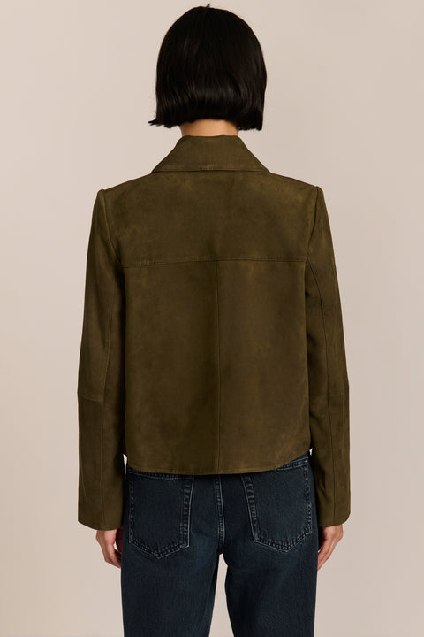 Women's genuine suede jacket with button-front closure and front patch pockets