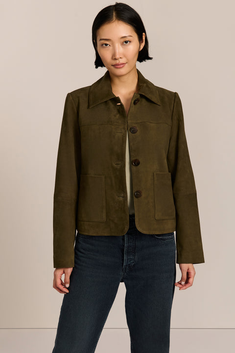Women's genuine suede jacket with button-front closure and front patch pockets