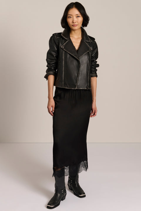 Women's genuine leather moto jacket with asymmetric zip-front closure and convertible collar