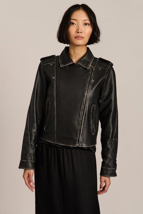 Women's genuine leather moto jacket with asymmetric zip-front closure and convertible collar