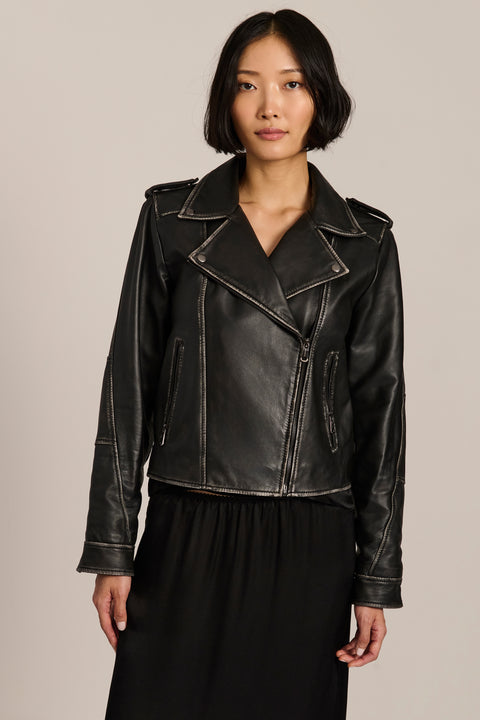 Women's genuine leather moto jacket with asymmetric zip-front closure and convertible collar