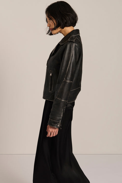 Women's genuine leather moto jacket with asymmetric zip-front closure and convertible collar